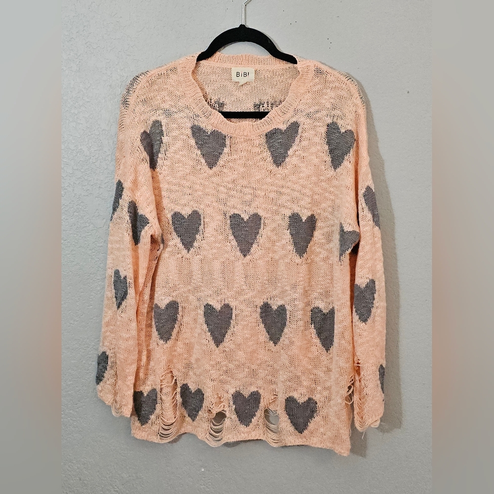 BiBi Distressed Knit Sweater W/Hearts Peach and Charcoal Womens Small Oversized - Picture 1 of 7